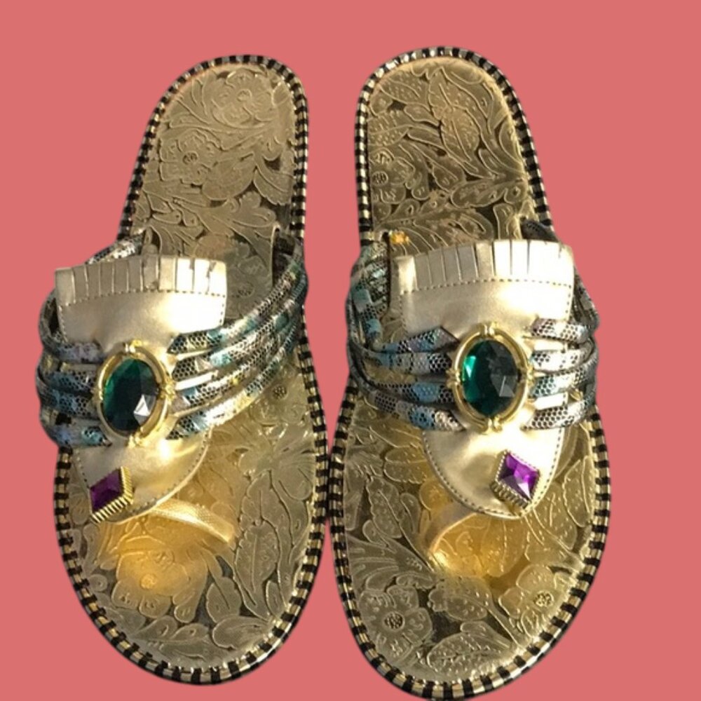 Golden oriental style flip flops flats size 10 not worn
